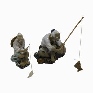 Chinese MUDMAN FISHERMEN Figurines Set Of 2 With Fishing Rods and Fish Vintage